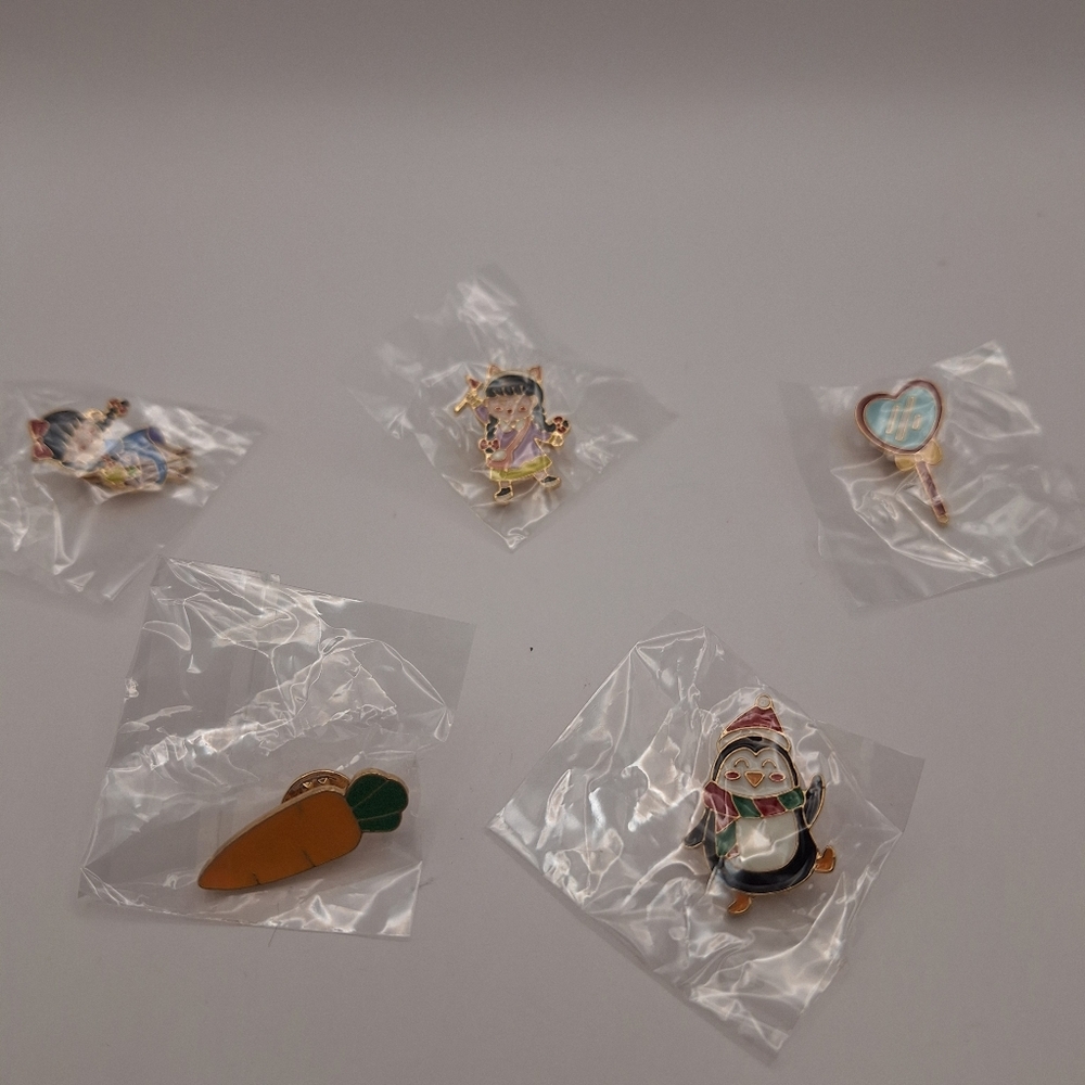New Enamble lapel pins- girl flag, penguin,  girl flowers, mirror, carrot-pick